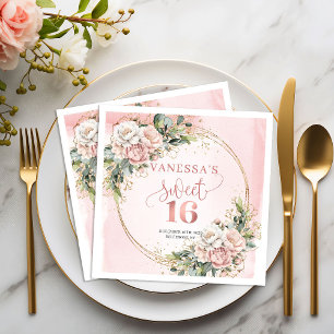 Modern Blush Pink Floral Sweet Sixteen Napkins
