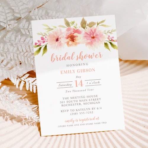 Modern Blush Pink Floral Watercolor Bridal Shower Invitation