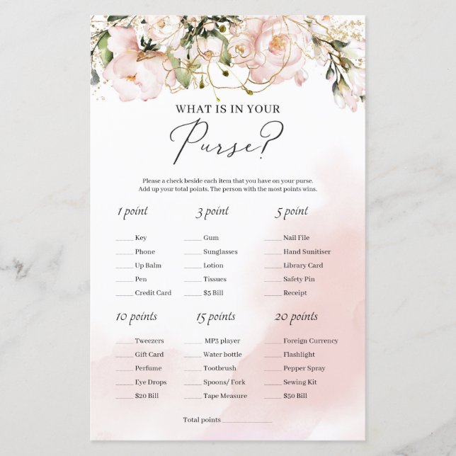 Modern blush pink floral what is in your purse (Front)