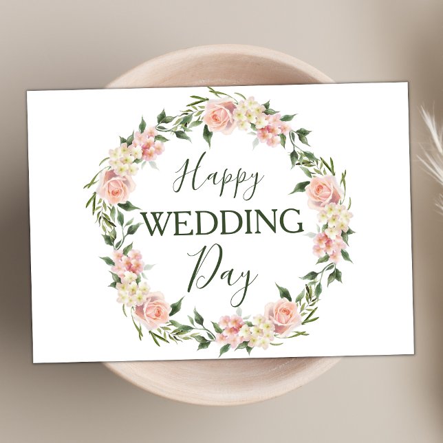 Modern Blush Pink Floral Wreath Happy Wedding Day Card (Creator Uploaded)