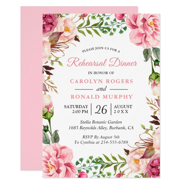 Modern Blush Pink Floral Wreath Rehearsal Dinner Invitation