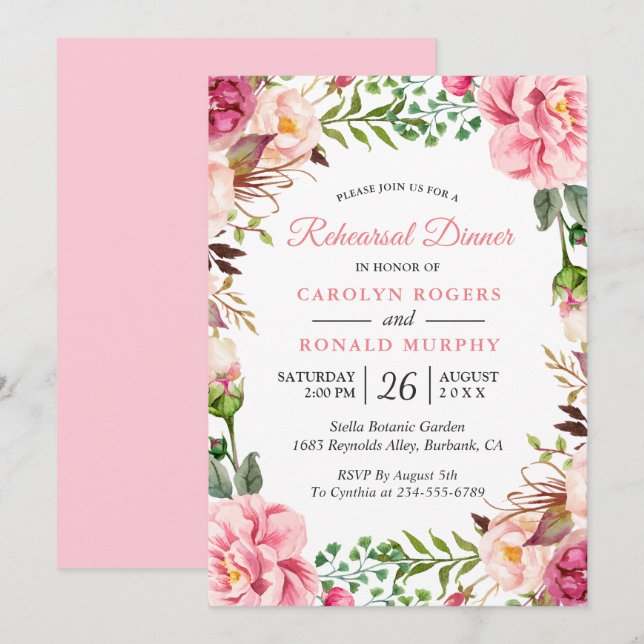 Modern Blush Pink Floral Wreath Rehearsal Dinner Invitation (Front/Back)