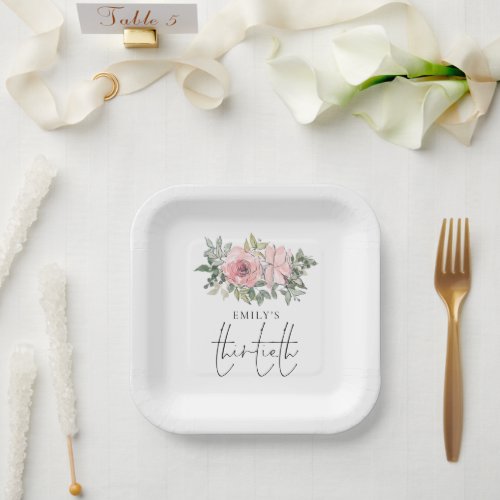 Modern Blush Pink Florals 30th Birthday Party Paper Plates