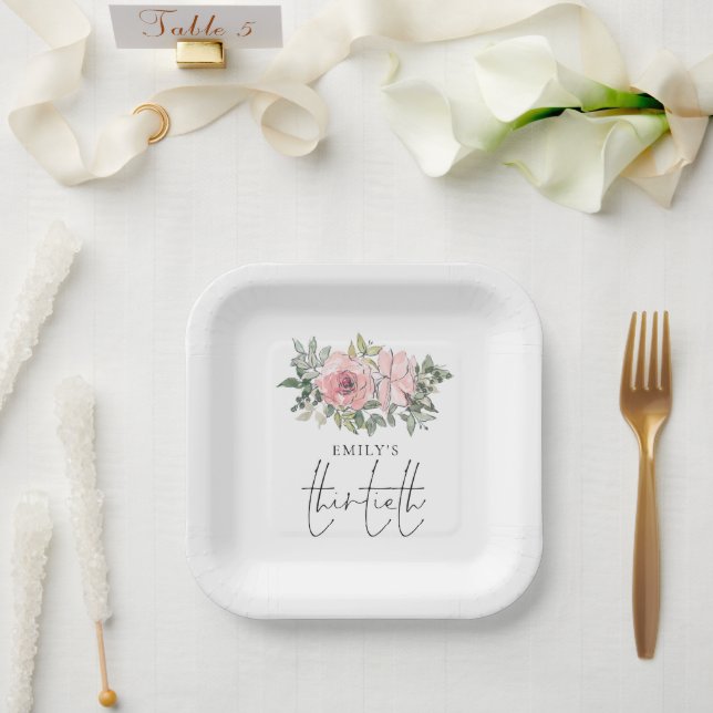 Modern Blush Pink Florals 30th Birthday Party Paper Plates (Wedding)