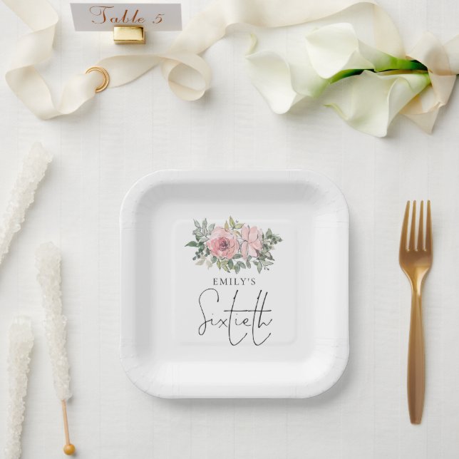 Modern Blush Pink Florals 60th Birthday Party Paper Plates (Wedding)
