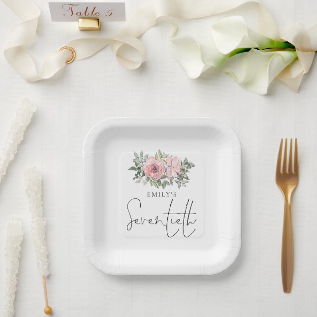 Modern Blush Pink Florals 70th Birthday Party Paper Plates (Wedding)