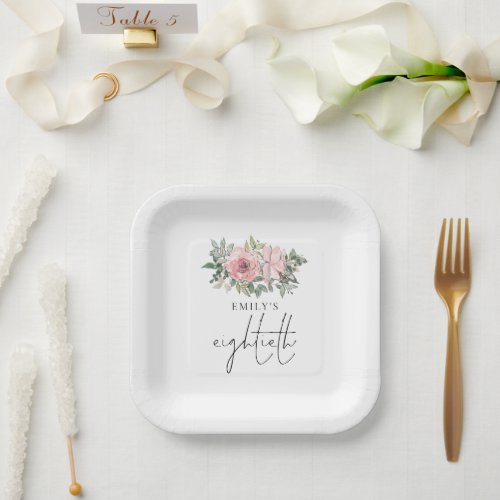 Modern Blush Pink Florals 80th Birthday Party Paper Plates