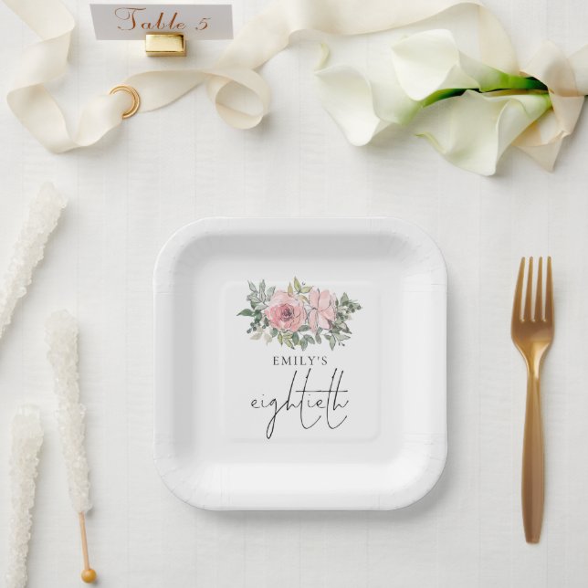 Modern Blush Pink Florals 80th Birthday Party Paper Plates (Wedding)