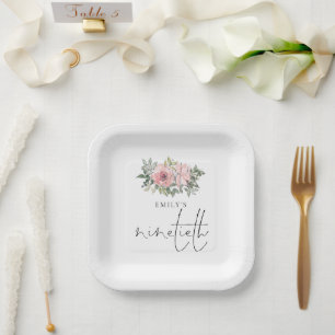 Modern Blush Pink Florals 90th Birthday Party Paper Plates