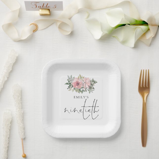 Modern Blush Pink Florals 90th Birthday Party  Paper Plates (Wedding)