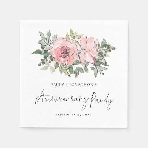 Modern Blush Pink Florals Anniversary Party Napkins