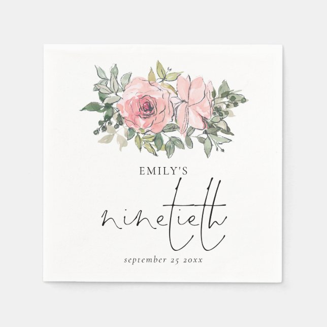Modern Blush Pink Florals Ninetieth Birthday  Napkins (Front)