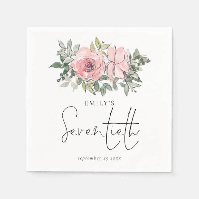 Modern Blush Pink Florals Seventieth Birthday Napkins (Front)