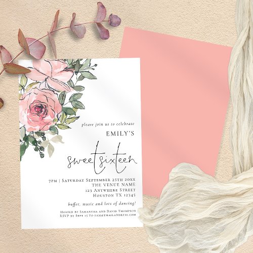 Modern Blush Pink Florals Sweet 16 Party Invitation