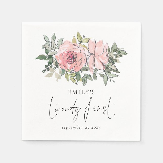 Modern Blush Pink Florals Twenty First Birthday Napkins (Front)