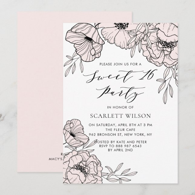 Modern Blush Pink Flower Sweet 16 Party Invitation (Front/Back)