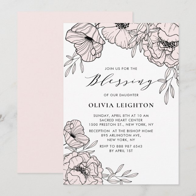 Modern Blush Pink Flowers Baby Blessing Invitation (Front/Back)