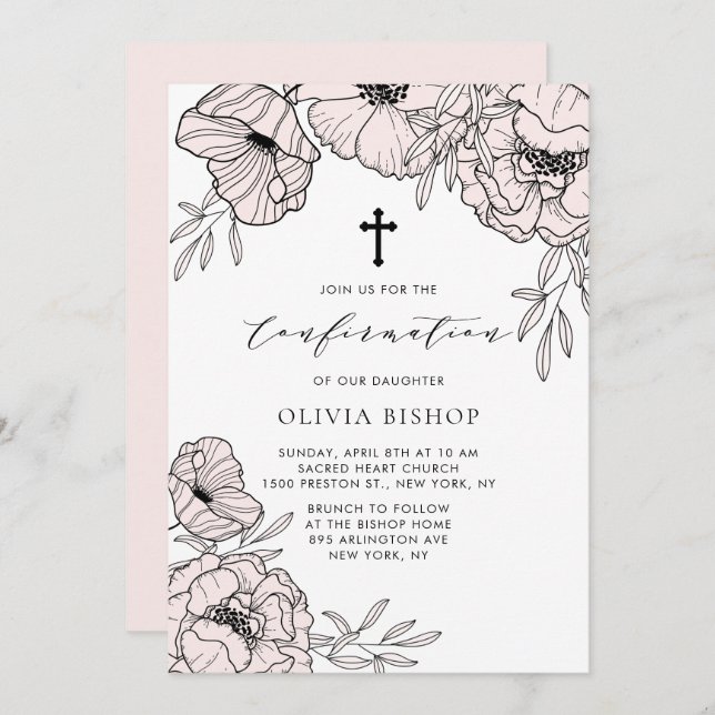 Modern Blush Pink Flowers Confirmation Invitation (Front/Back)