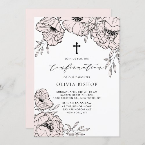 Modern Blush Pink Flowers Confirmation Invitation