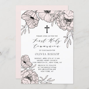 Modern Blush Pink Flowers First Holy Communion Invitation