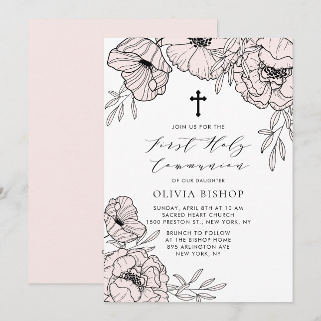 Modern Blush Pink Flowers First Holy Communion Invitation (Front/Back)