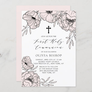 Modern Blush Pink Flowers First Holy Communion Invitation