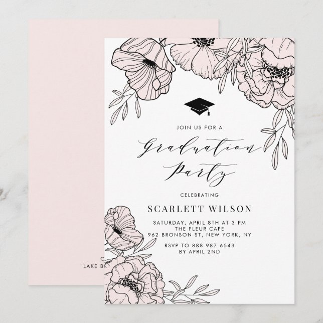 Modern Blush Pink Flowers Graduation Party Invitation (Front/Back)