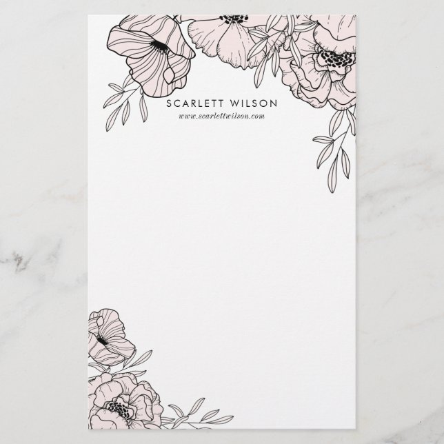 Modern Blush Pink Flowers Personalized Stationery (Front)