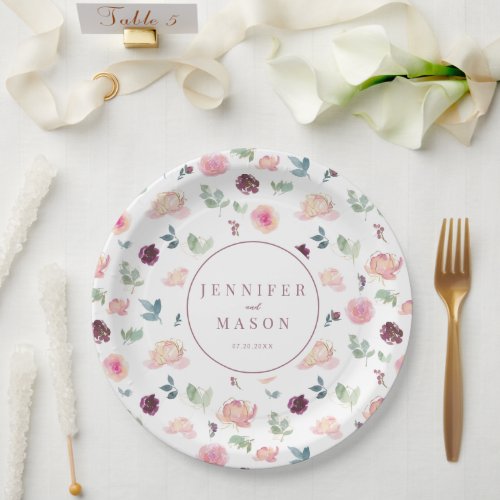 Modern blush pink flowers wedding paper plates