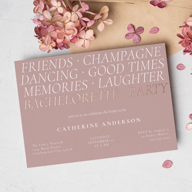 Modern Blush Pink Fun Words Bachelorette Party Foil Invitation (Creator Uploaded)
