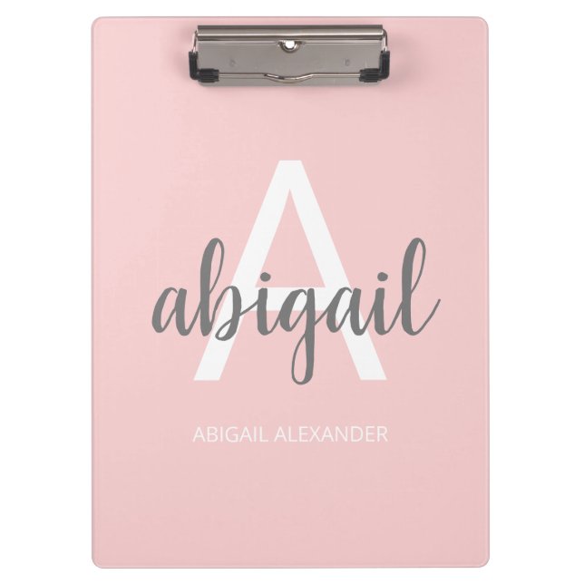 Modern Blush Pink Girly Gray Monogram Name Clipboard (Front)