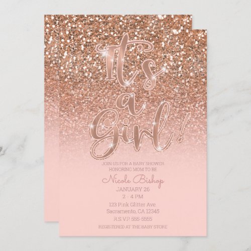 Modern Blush Pink Glam Glitter Girl Baby Shower Invitation