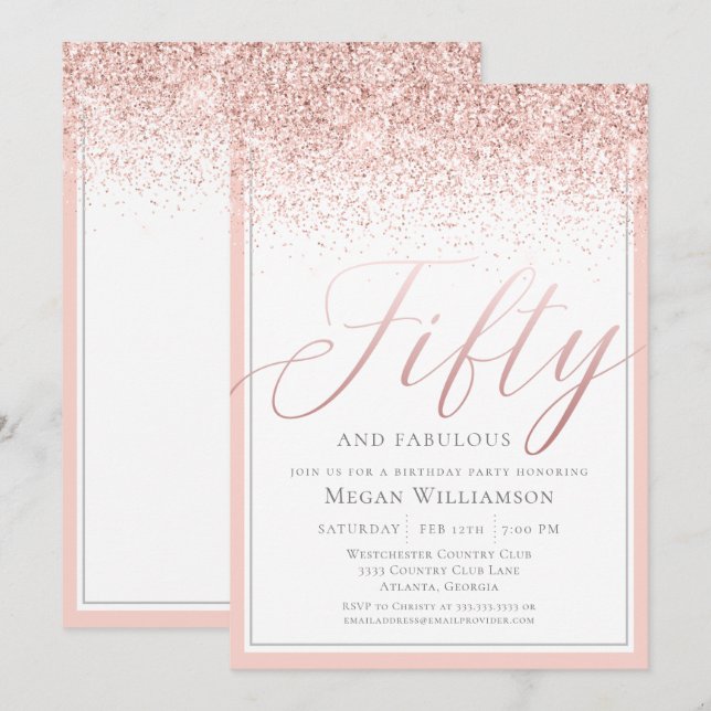 Modern Blush Pink Glitter 50 and Fabulous Birthday Invitation (Front/Back)