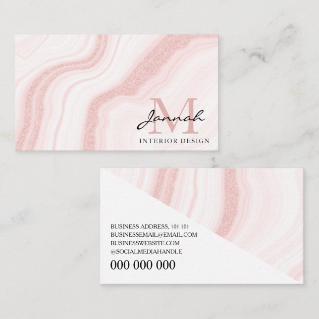 Modern Blush Pink Glitter Marble Agate Monogram Business Card (Front/Back)