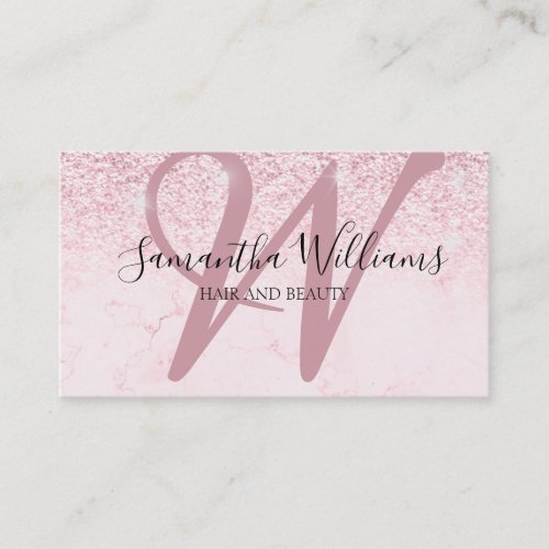 Modern Blush Pink Glitter Monogram Hair Stylist Business Card