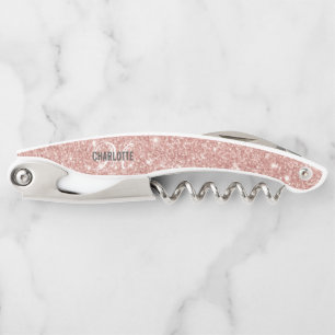 Modern blush pink glitter monogram name waiter's c corkscrew