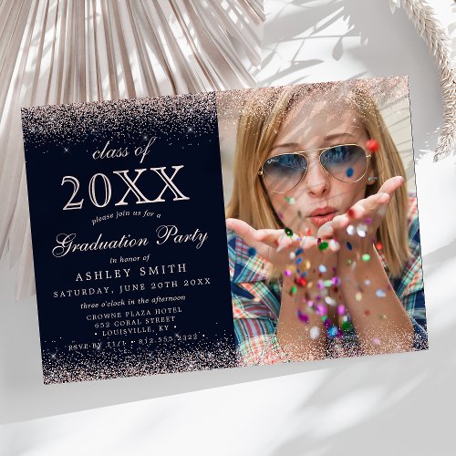 Modern Blush Pink Glitter On Navy Photo Graduation Invitation