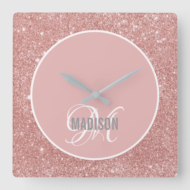 Modern blush pink glitter script monogram name lar square wall clock (Front)