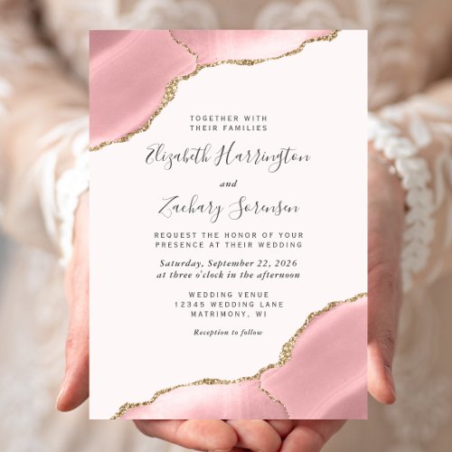 Modern Blush Pink Gold Agate Corners Wedding Invitation
