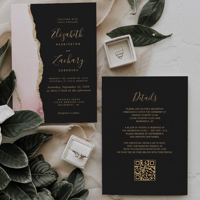Modern Blush Pink Gold Agate Dark QR Code Wedding Invitation (Creator Uploaded)