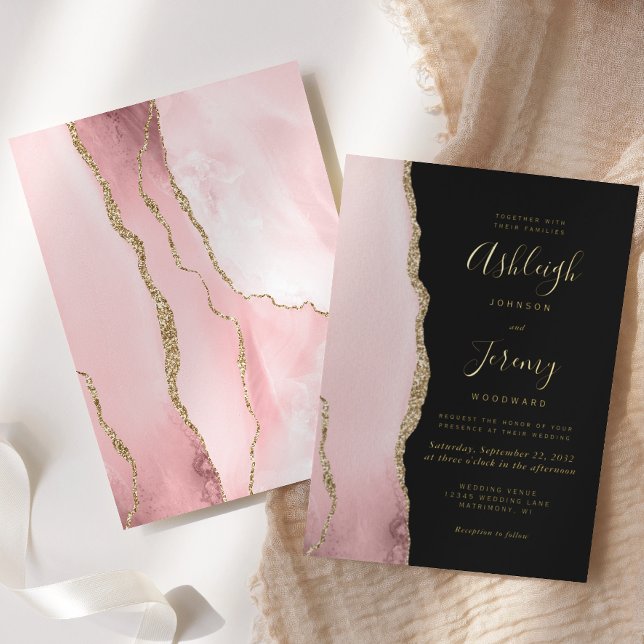 Modern Blush Pink Gold Agate Dark Wedding Foil Invitation (Creator Uploaded)