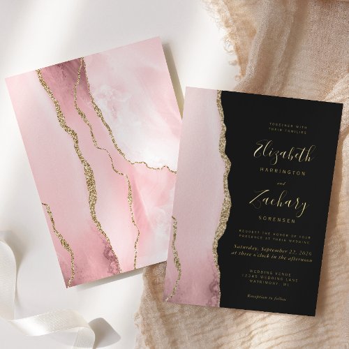 Modern Blush Pink Gold Agate Dark Wedding Foil Invitation