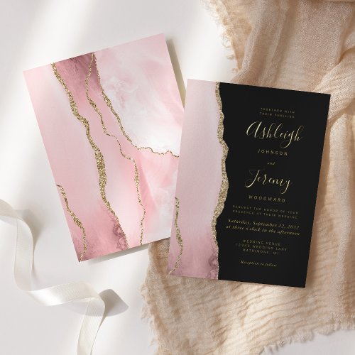 Modern Blush Pink Gold Agate Dark Wedding Foil Invitation