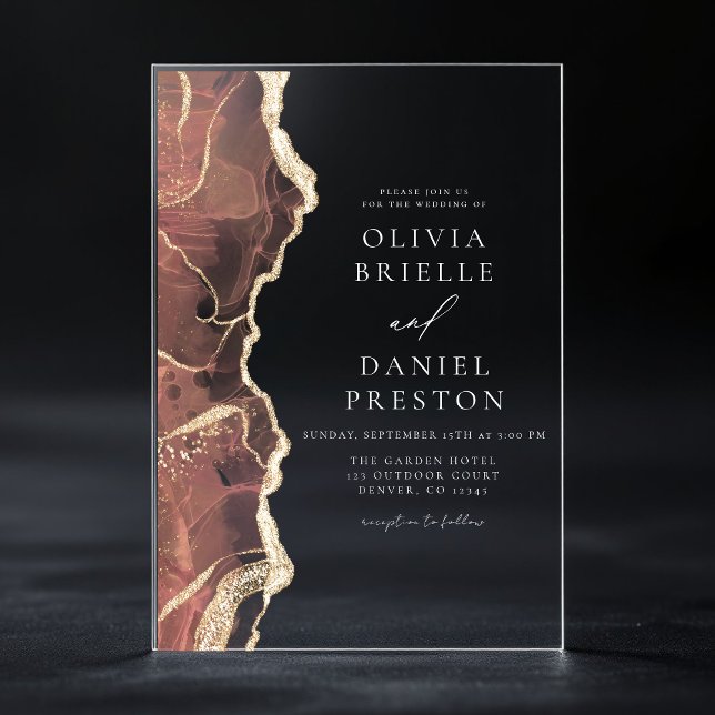 Modern Blush Pink Gold Agate Elegant Wedding Acrylic Invitations (Creator Uploaded)