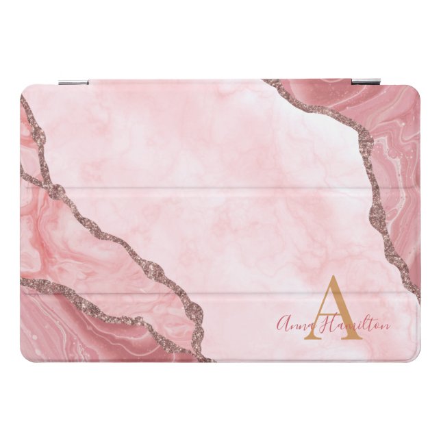 Modern Blush Pink Gold Agate Geode Monogram iPad Pro Cover (Horizontal)