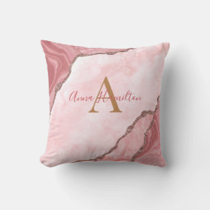 Modern Blush Pink Gold Agate Geode Monogram Throw Pillow