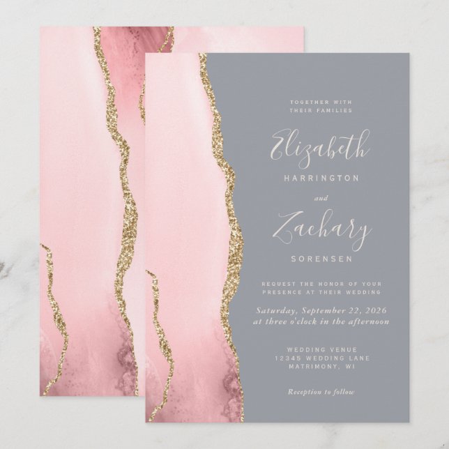 Modern Blush Pink Gold Agate Gray Wedding Invitation (Front/Back)