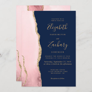 Modern Blush Pink Gold Agate Navy Blue Wedding Invitation