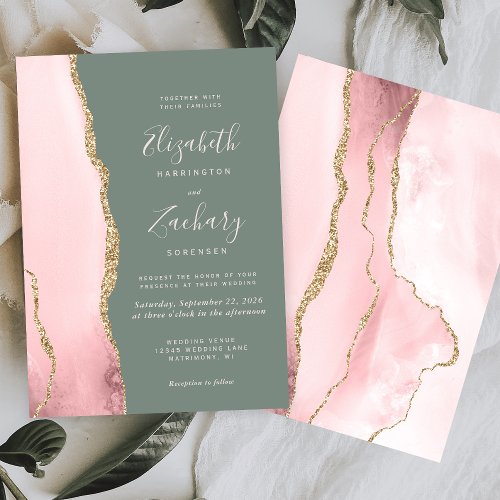 Modern Blush Pink Gold Agate Sage Green Wedding Invitation