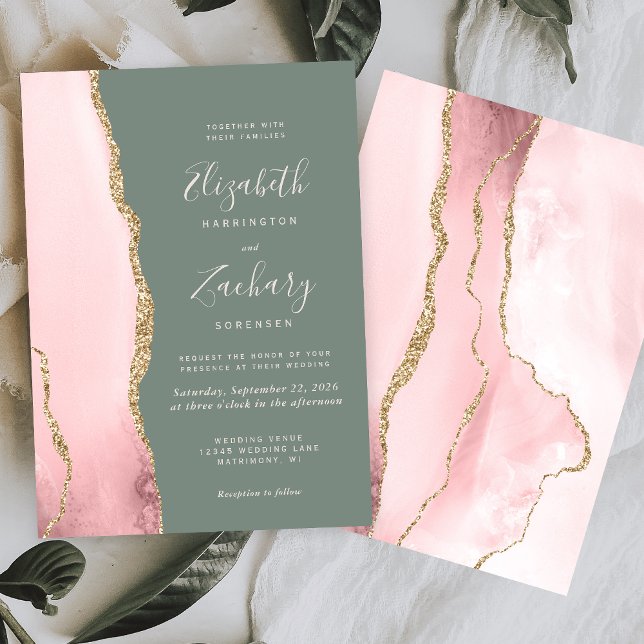 Modern Blush Pink Gold Agate Sage Green Wedding Invitation (Creator Uploaded)